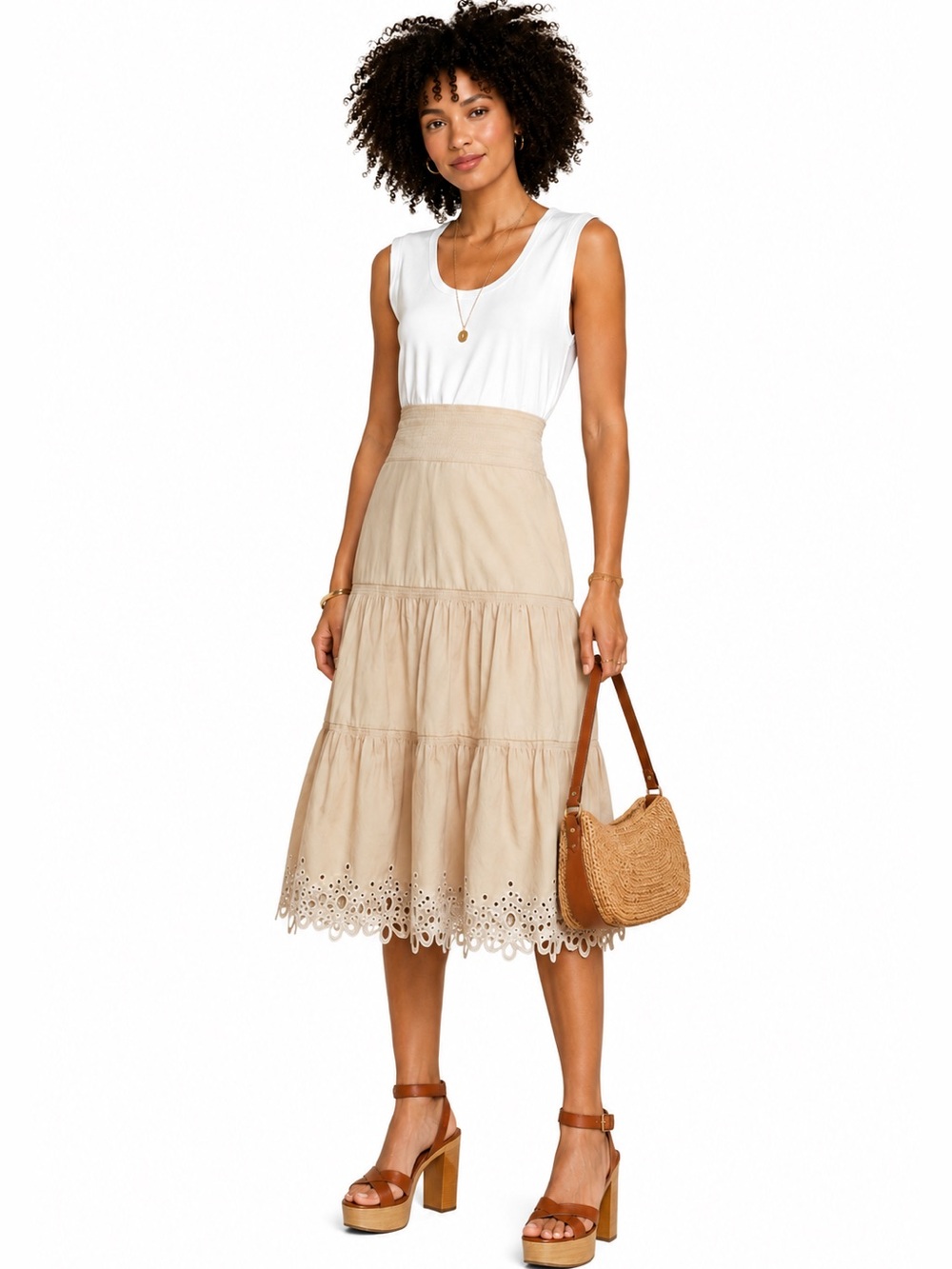 VERONICA BEARD JEANS Amaia Midi Dress M Eyelet Cotton Tiered Khaki Boho Resort